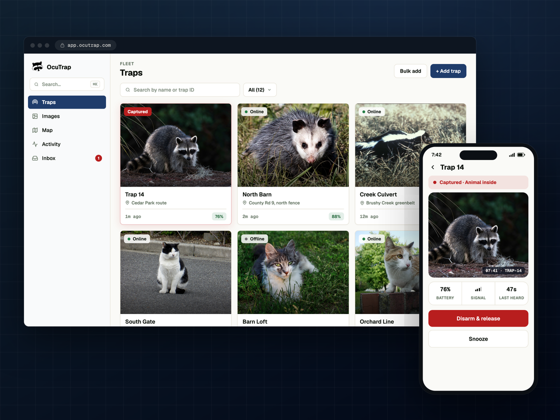 OcuTrap platform: web console and mobile app showing the same verified capture