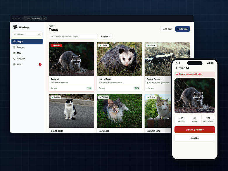 OcuTrap platform: web console and mobile app showing the same verified capture