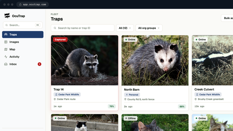 OcuTrap web console fleet view: trap statuses and capture photos
