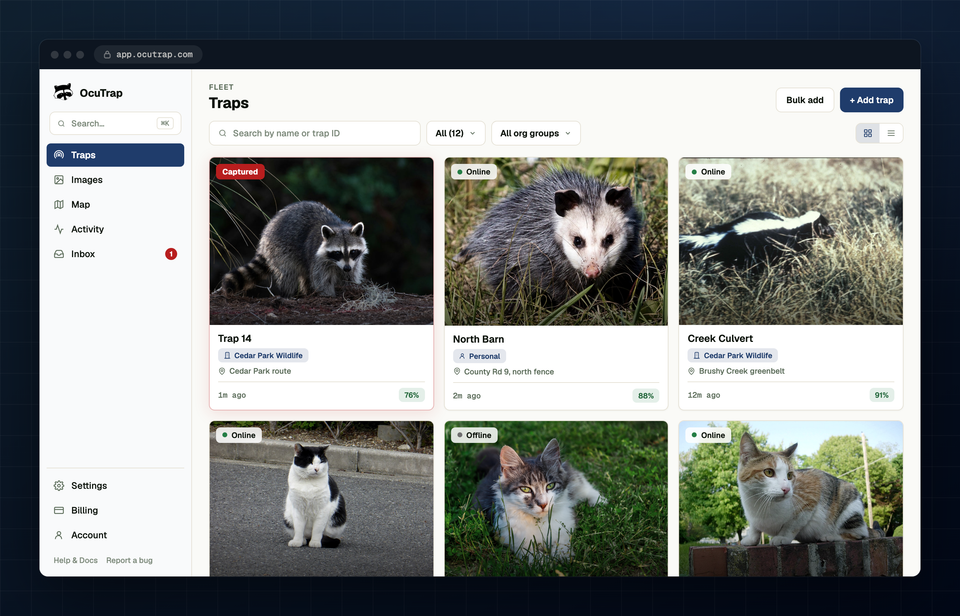 OcuTrap web console: fleet view of every trap with statuses, capture photos, and battery