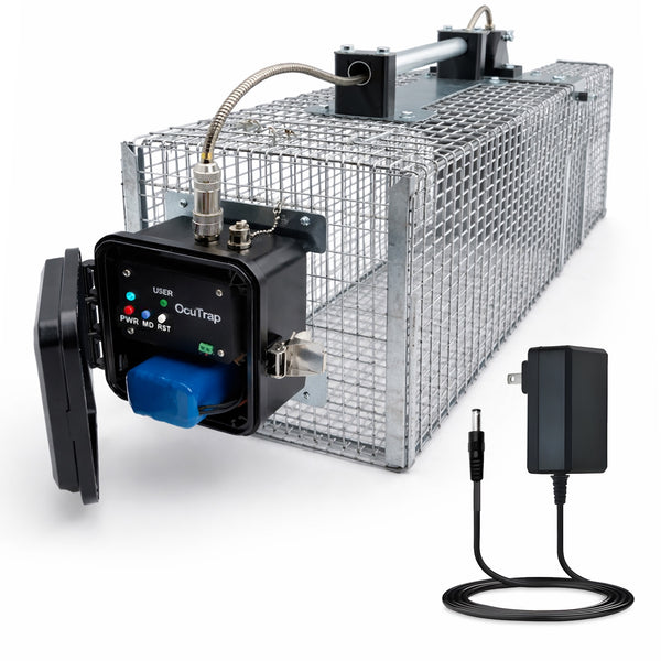 OcuTrap R2 smart cage with the POD open, battery installed, and the battery charger